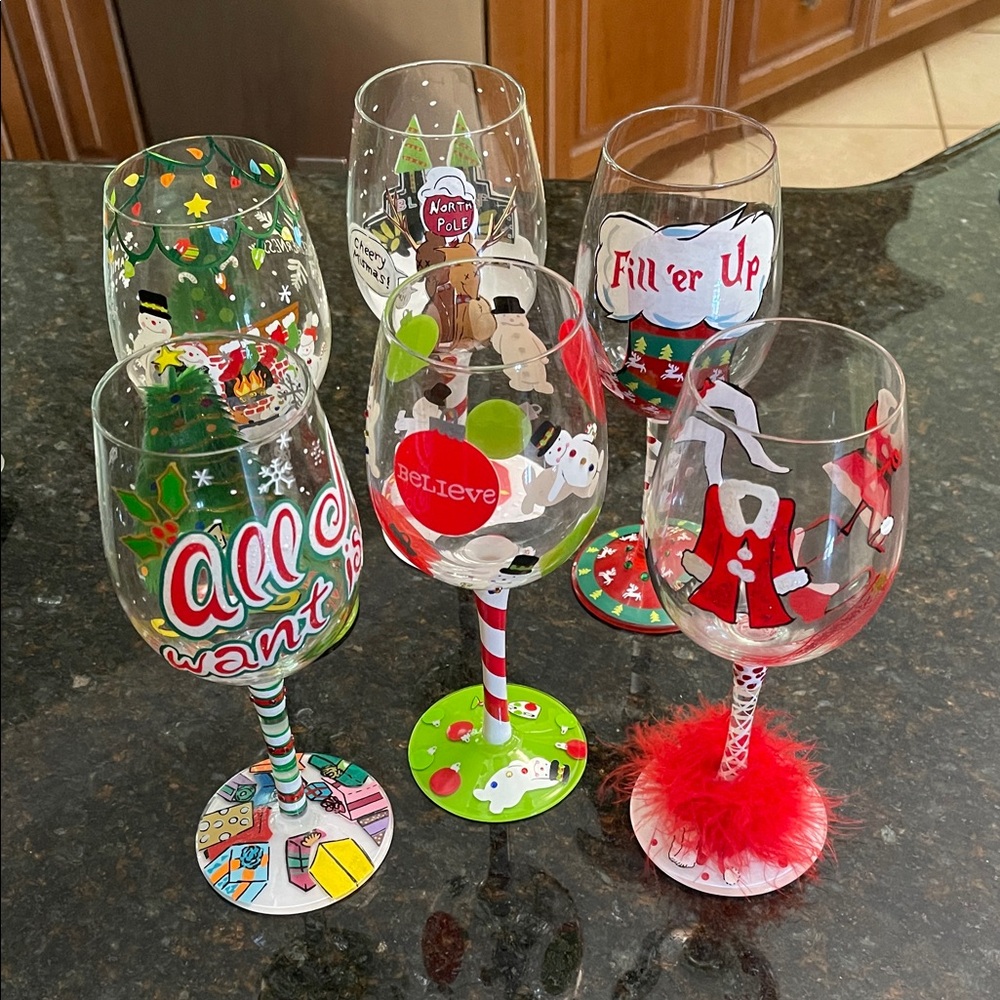 Lolita Festive Holiday Wine Glass Set with Red, Green, and White Designs
